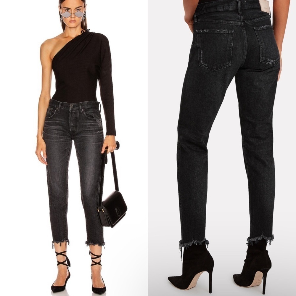 Moussy Vintage Black Distressed Raw Hem Staley Tapered Jeans Size 24